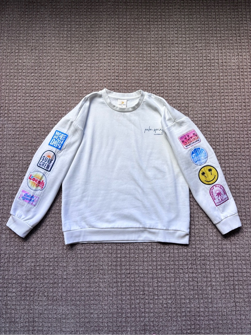 Palm Springs, California White Crewneck Sweatshirt with Sleeve Patches